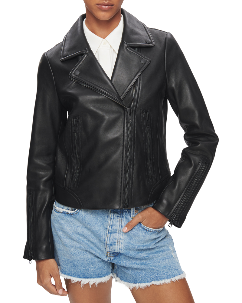 Women's Leather Biker Jacket in Black with Black Hardware