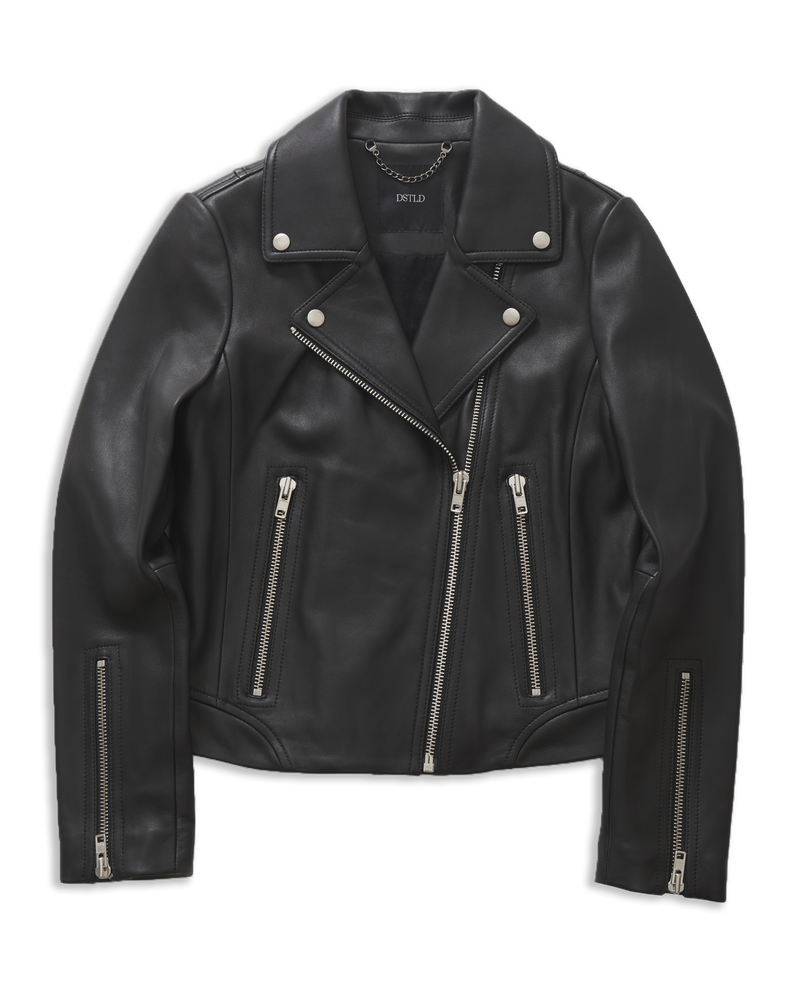 Women's Leather Biker Jacket in Black with Silver Hardware