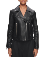 Women's Leather Biker Jacket in Black with Silver Hardware