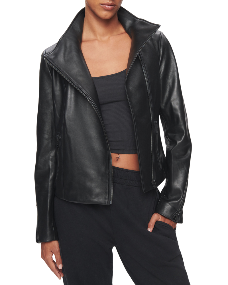 Women's Asymmetrical Leather Jacket in Black