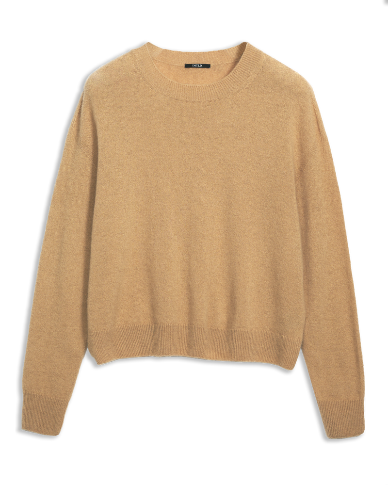 Women's Italian Brushed Cashmere Crew Neck Sweater in Came-flat lay front