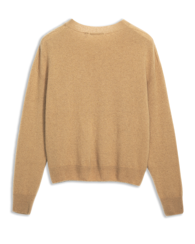 Women's Italian Brushed Cashmere Crew Neck Sweater in Came-flat lay back