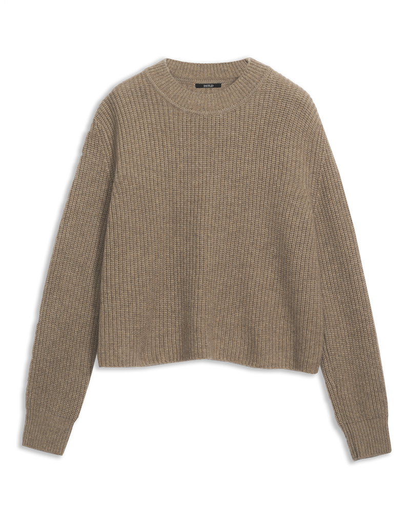 Women's Cashmere Ribbed Mock Neck in Camel Media-fkat lay front