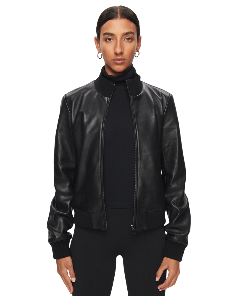 Women's Leather Bomber Jacket in Black